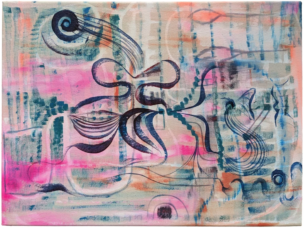 Dark ink flowing brush marks hover on softer patterned background in pinks and blues.