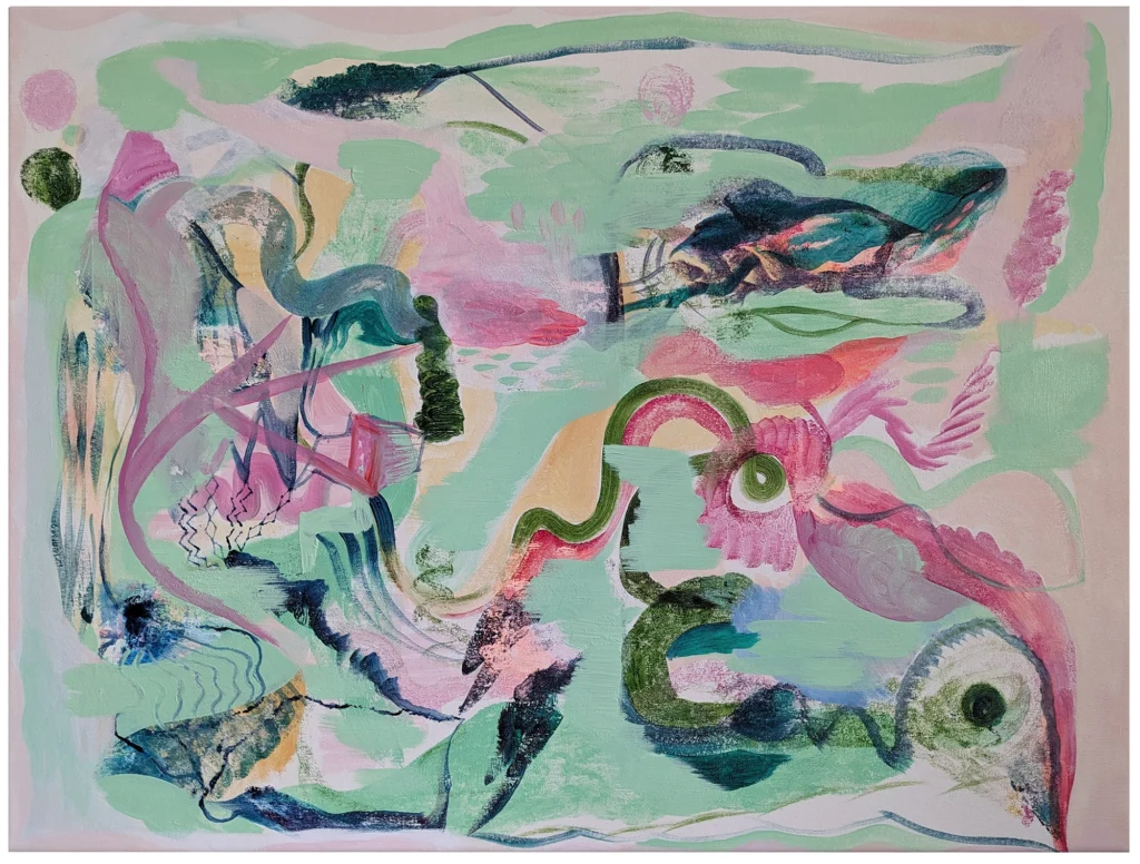 a painting with abstract lines, shapes and swirls in pastel colours.