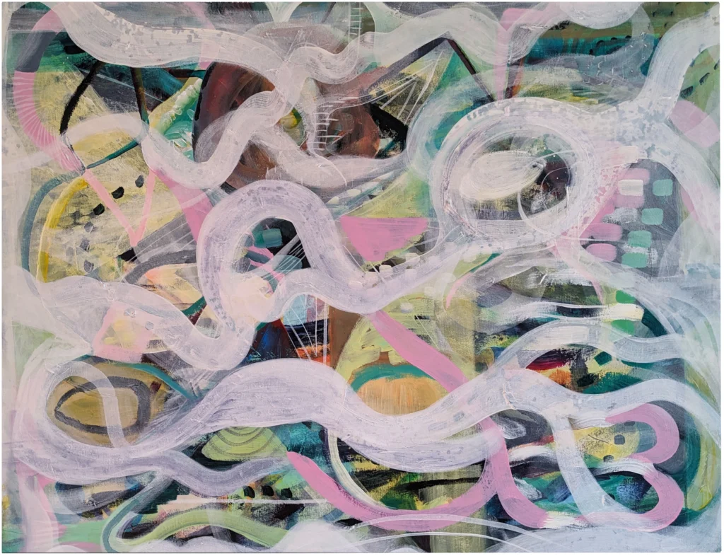 looping shapes in white, cream and pastel colours weave across the surface in an abstract landscape.
