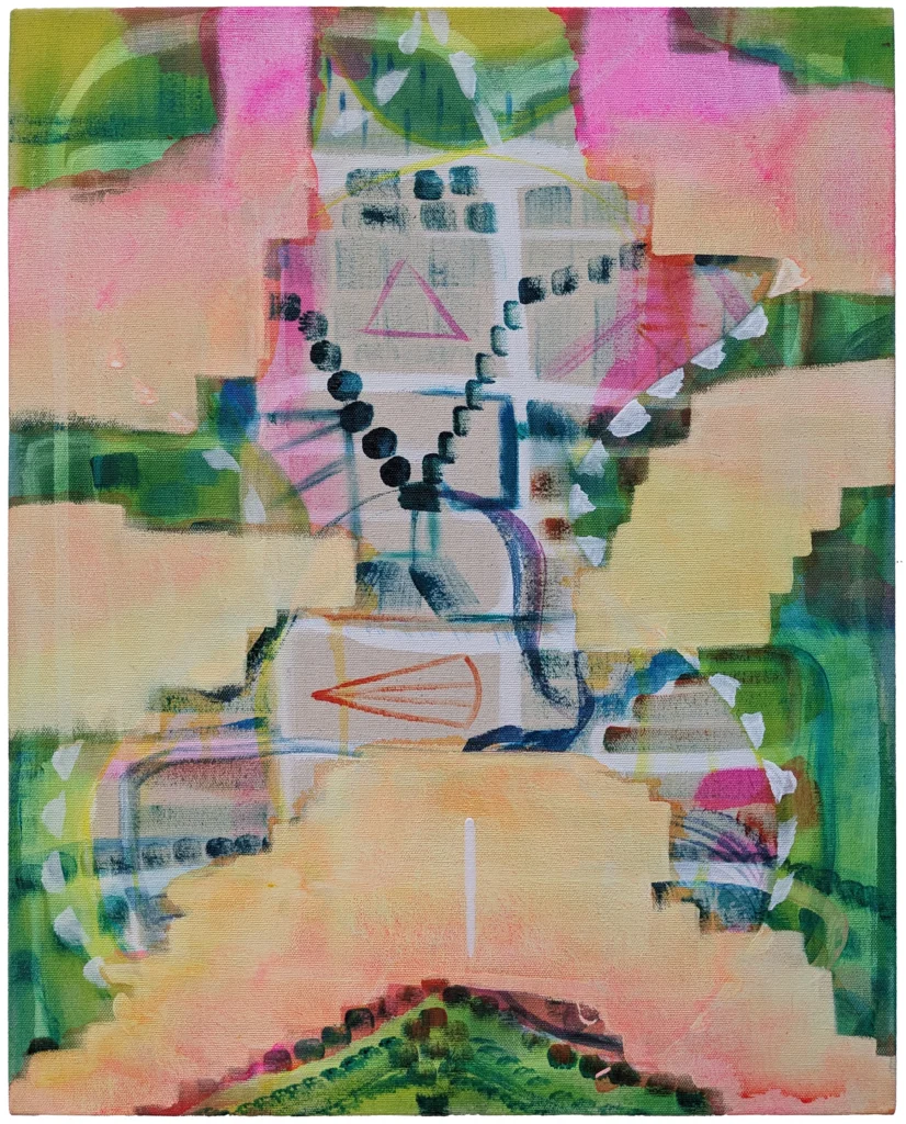 Layered pastel forms suggest body, cone, and inner space.